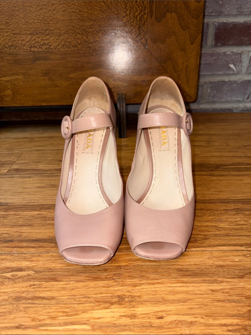 Prada Dusty Pink Leather Mary Jane Peep-Toe Heels